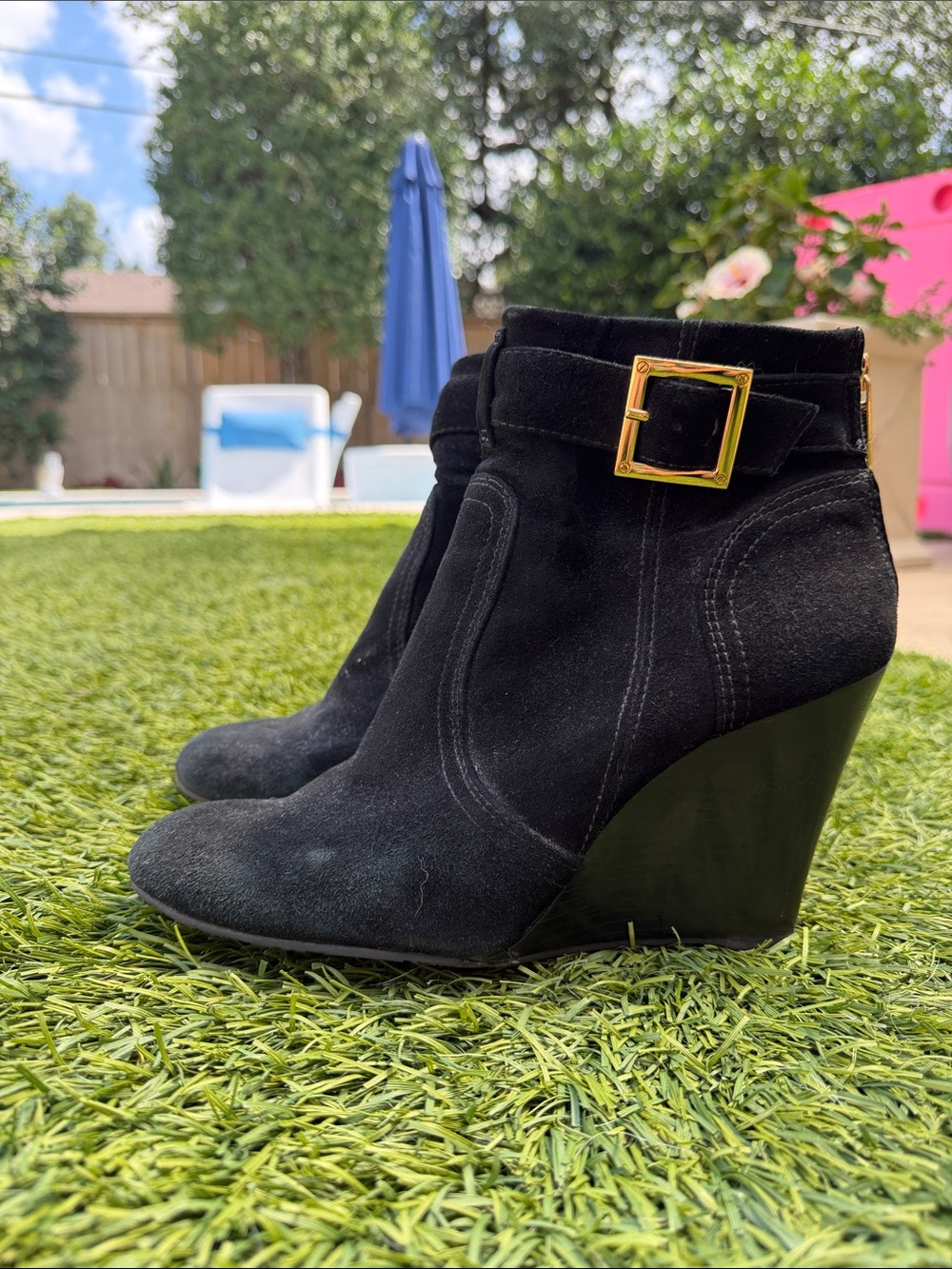 Tory Burch Black Suede Wedge Ankle Booties with Gold Buckle